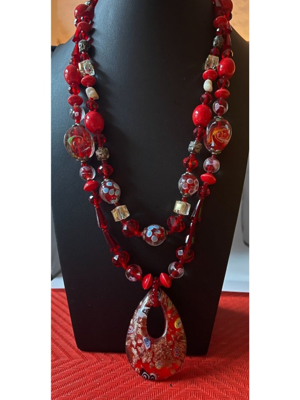 Vtg Red Two-Strand Necklace W/ Millefiori Glass Pendant Lucite Beads & Unique Vi